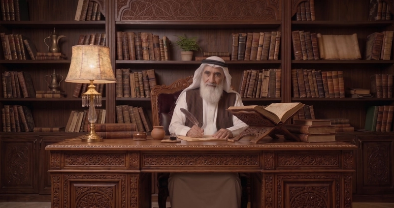الخبير المعتمد مقدام النجمي في مكتبه ينظر باهتمام لتقديم استشارة بسرية تامة لتقييم علامات سحر الربط بعد المتابعة الطبية.