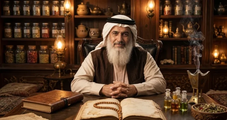 صورة تعبيرية لمعالج روحاني خبير يجلس في مكتبه المنظم، تعكس أجواء الطمأنينة والاهتمام بدراسة الحالات الأسرية وتقديم الاستشارات.