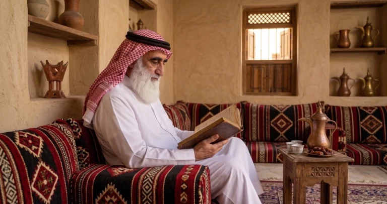 الشيخ الروحاني مقدام النجمي يقرأ بتمعن في مجلس تراثي، خيار موثوق لمن يبحث عن رقم شيخ روحاني سعودي للتواصل الخاص وعرض الحالات بسرية