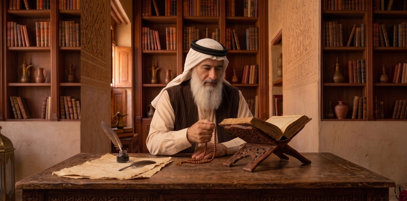 الخبير المعتمد مقدام النجمي يقوم بدراسة وتأمل المعطيات في مكتبته الخاصة، خيار موثوق لمن يبحث عن شيخ روحاني للكشف وفهم طبيعة التغيرات المفاجئة