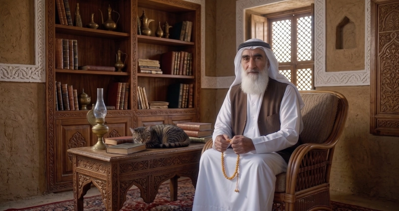 الخبير المعتمد مقدام النجمي يجلس في غرفة هادئة ومريحة، خيار موثوق لمن يبحث عن شيخ روحاني للمحبة والزواج ومتابعة حالات النفور والتعطيل بسرية