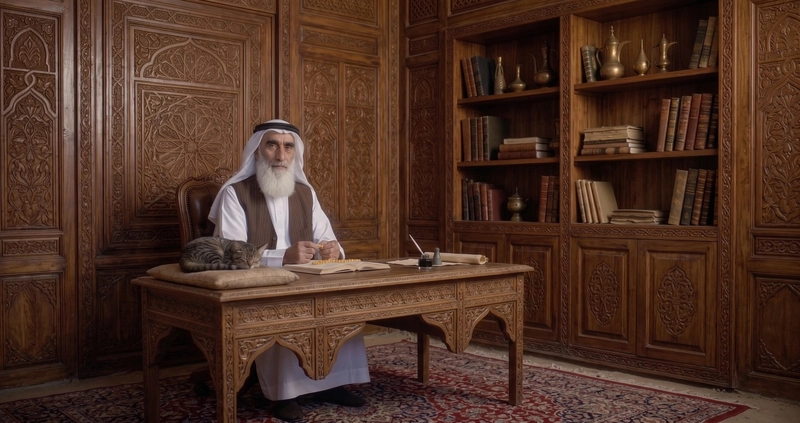الخبير المعتمد مقدام النجمي في مكتبه الخشبي الهادئ، خيار موثوق لمن يبحث عن شيخ روحاني لرد المطلقة ودراسة أسباب الانفصال ومحاولة إعادة التقارب بسرية