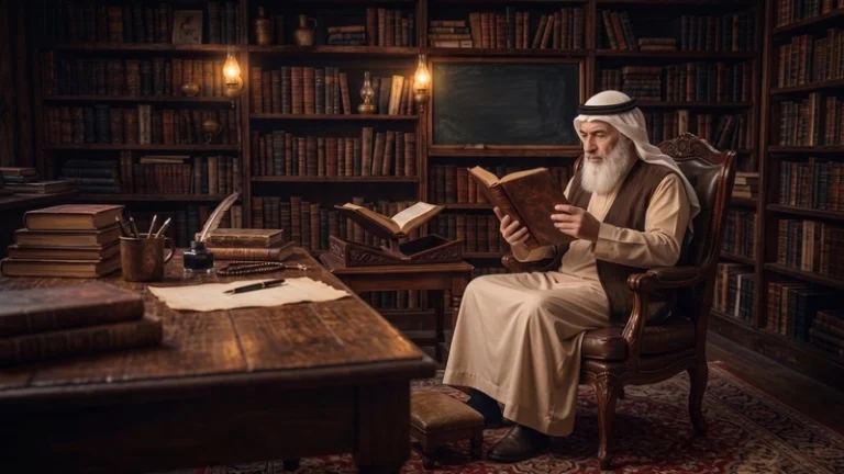 الخبير المعتمد يقرأ في مراجع قديمة داخل مكتبة لتقييم أعراض السحر من خلال الكشف الروحاني.